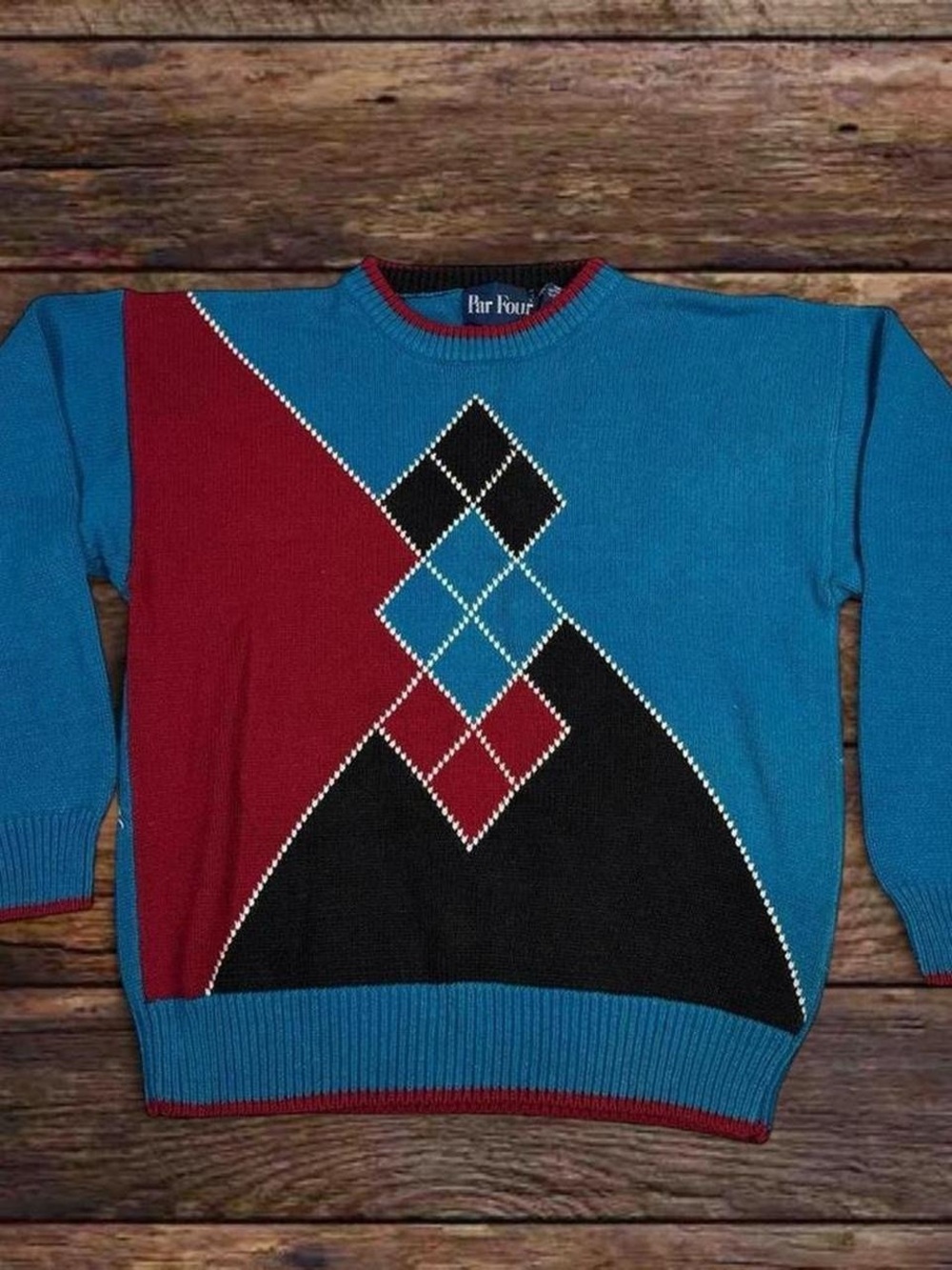 Par Four Men's Teal, Red & Black Argyle-Accent Crewneck Sweater
